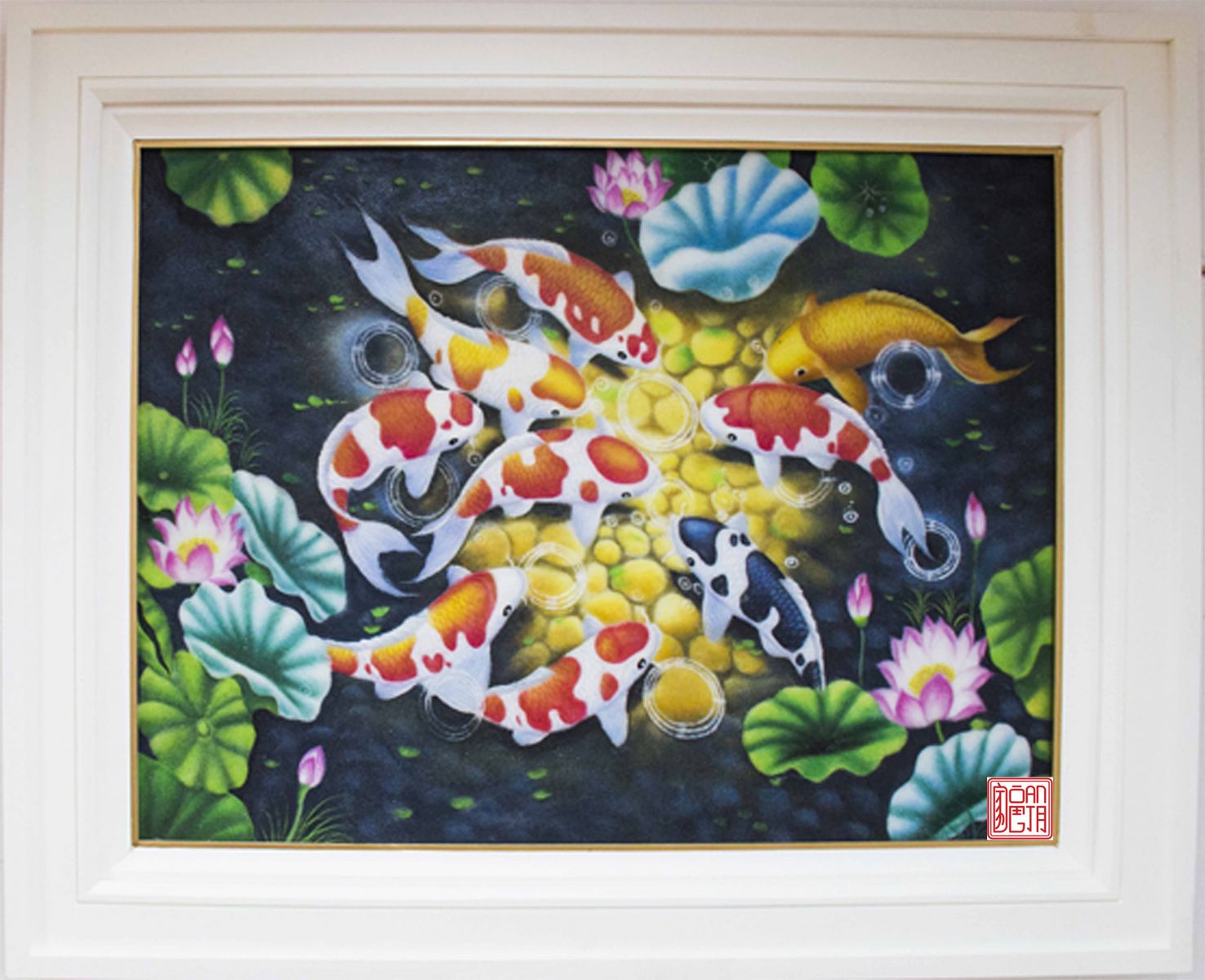 Tranh đá quý thiên nhiên Cửu ngư quần hội